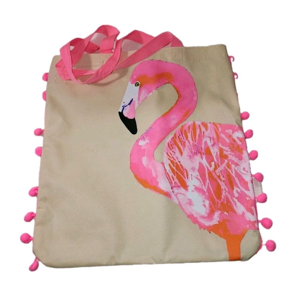 Flamingo Patterned Beach Bag Bright Pink 15 X 16"